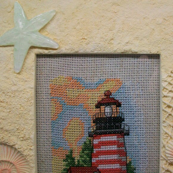 Cross Stitch Red White Stripe Lighthouse Scene in Seashell Frame - Picture 4 of 5